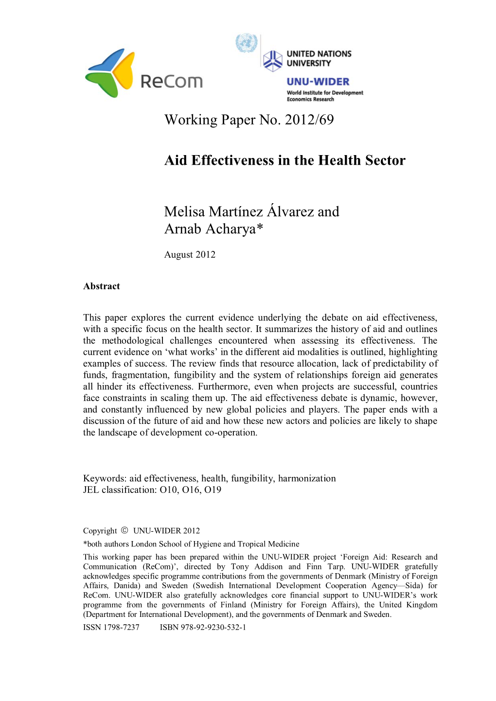 UNU-WIDER Working Paper No. 2012/69 Aid Effectiveness in the Health Sector