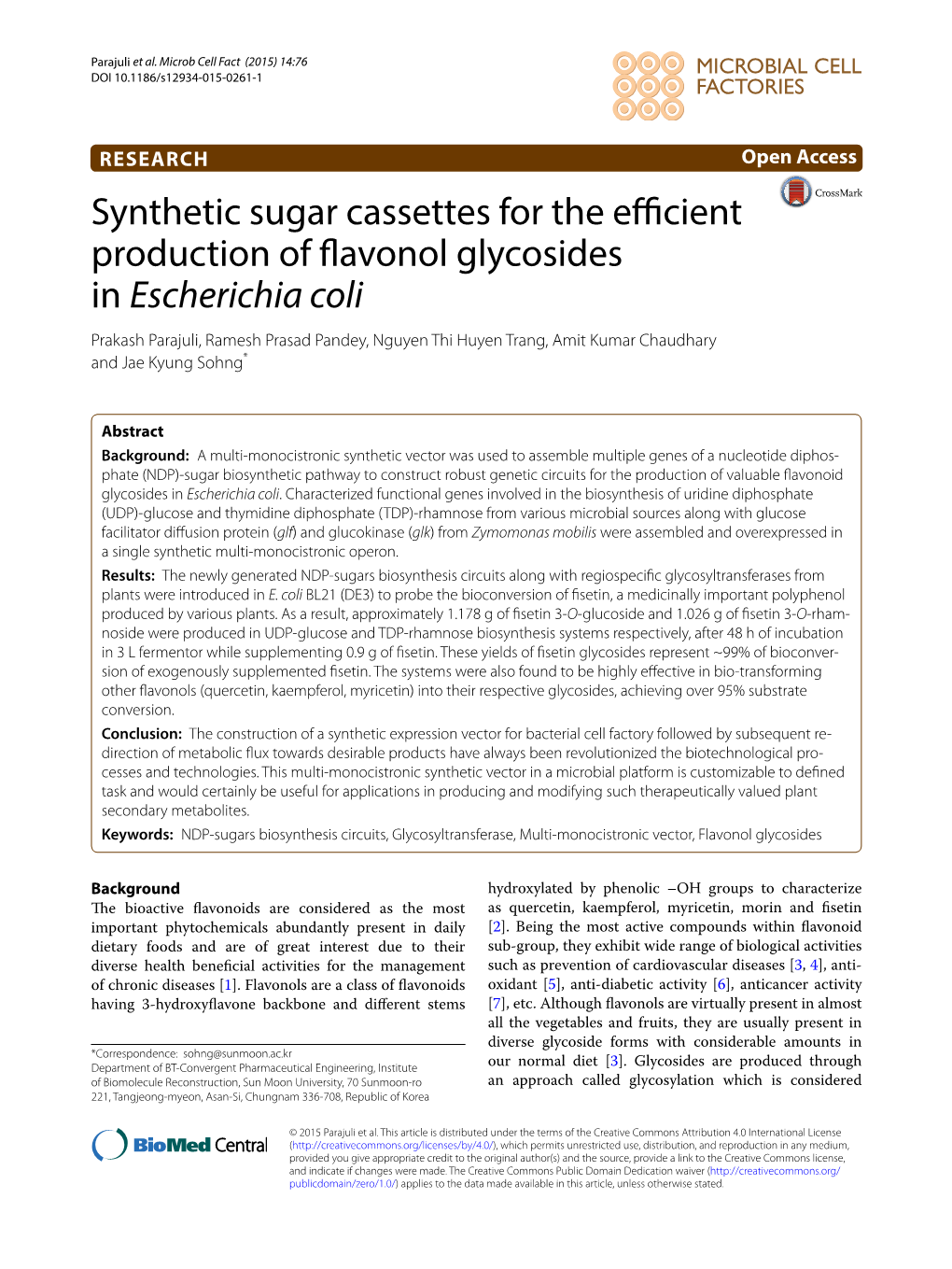 Synthetic Sugar Cassettes for the Efficient Production of Flavonol