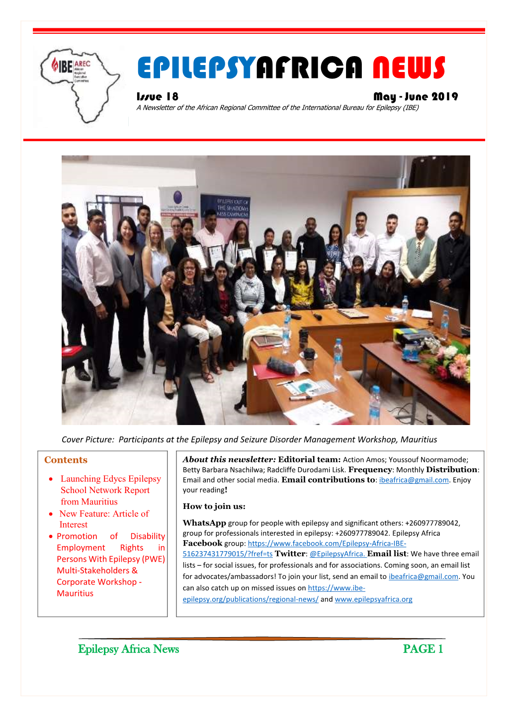 EPILEPSYAFRICA NEWS Issue 18 May - June 2019 a Newsletter of the African Regional Committee of the International Bureau for Epilepsy (IBE)