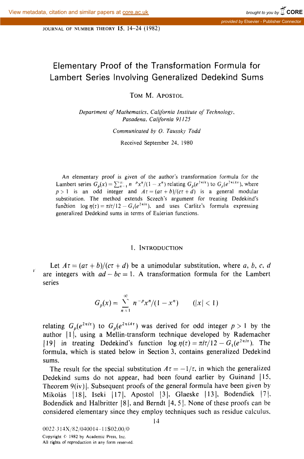 Elementary Proof of the Transformation Formula for Lambert Series Involving Generalized Dedekind Sums