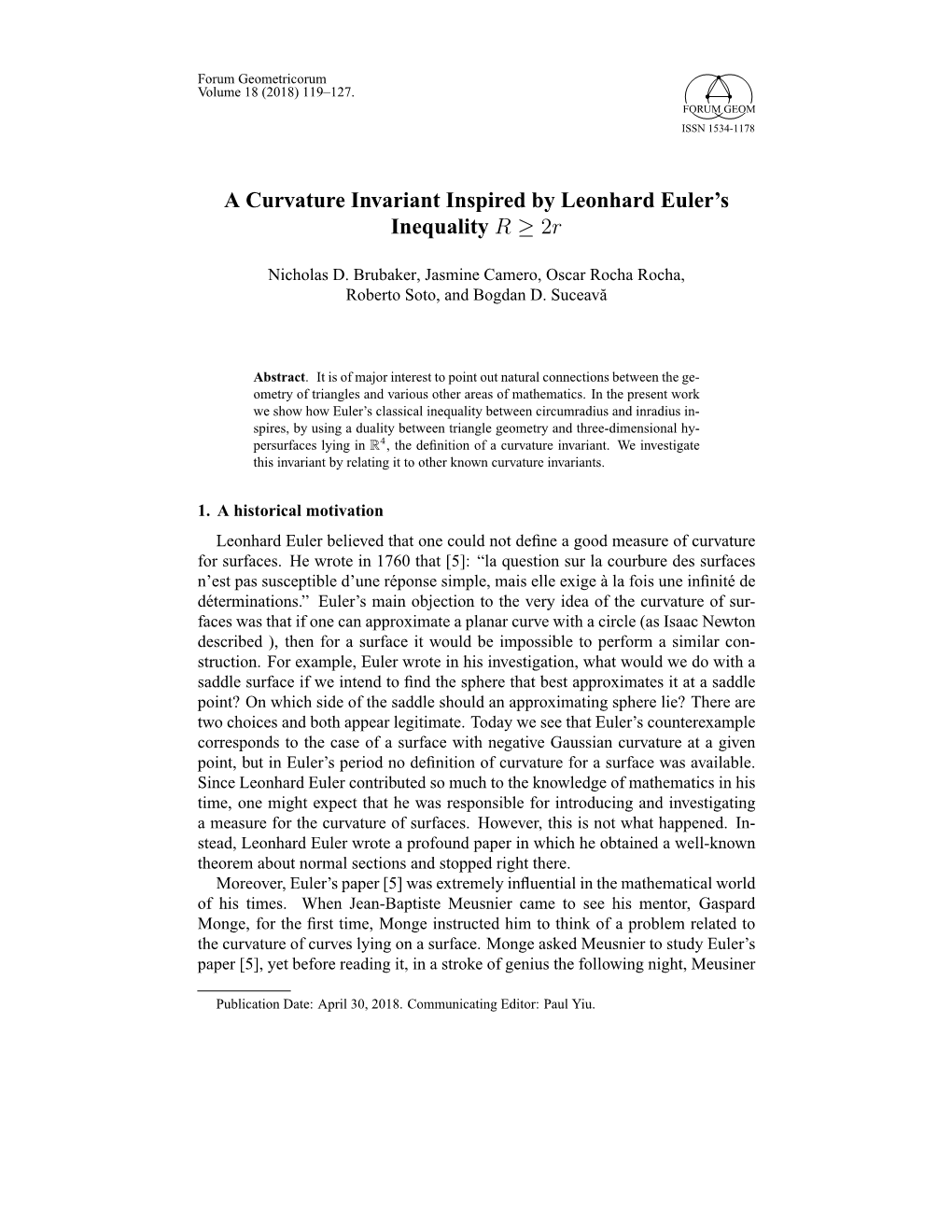 A Curvature Invariant Inspired by Leonhard Euler's Inequality R ≥ 2Г