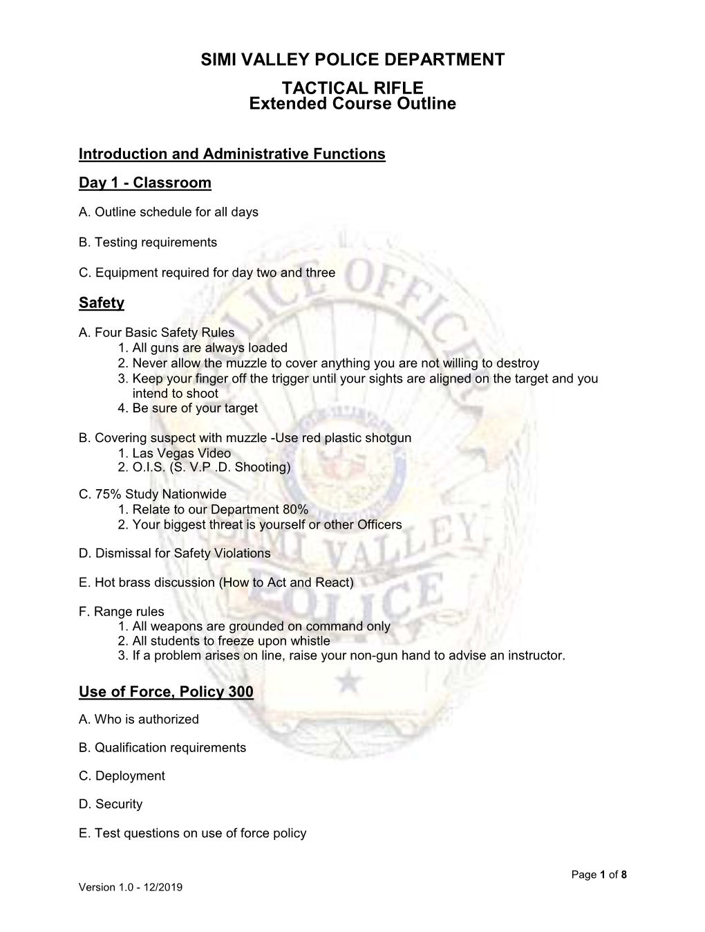 Tactical Rifle Course Outline 2019