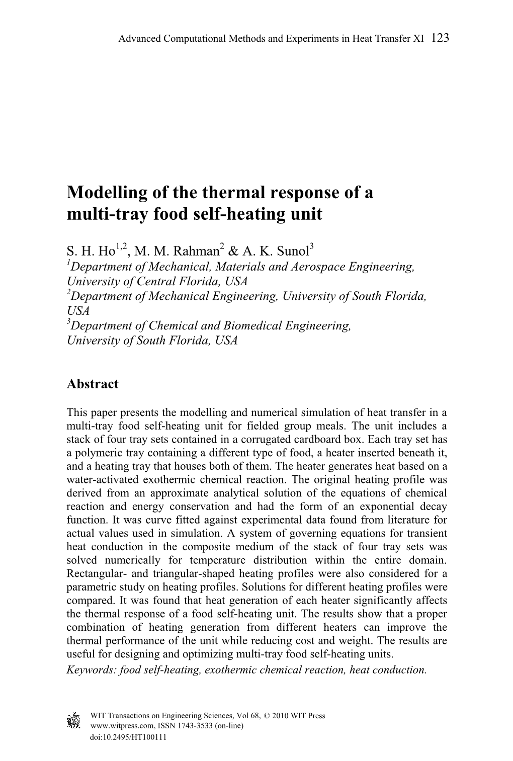 Modelling of the Thermal Response of a Multi-Tray Food Self-Heating Unit