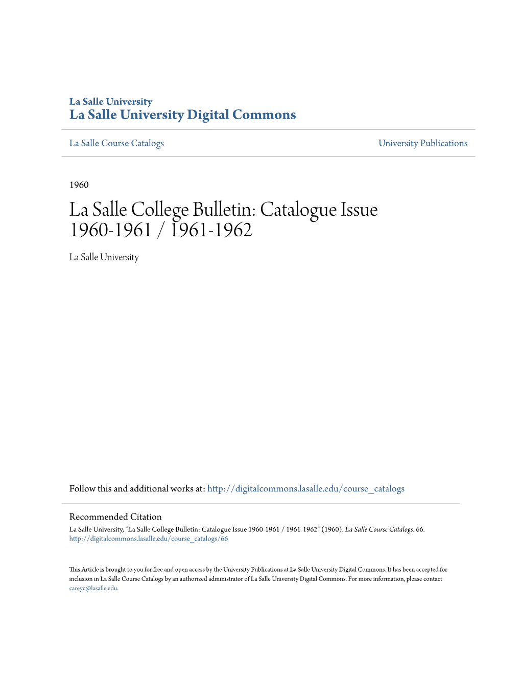La Salle College Bulletin: Catalogue Issue 1960-1961 / 1961-1962 La Salle University