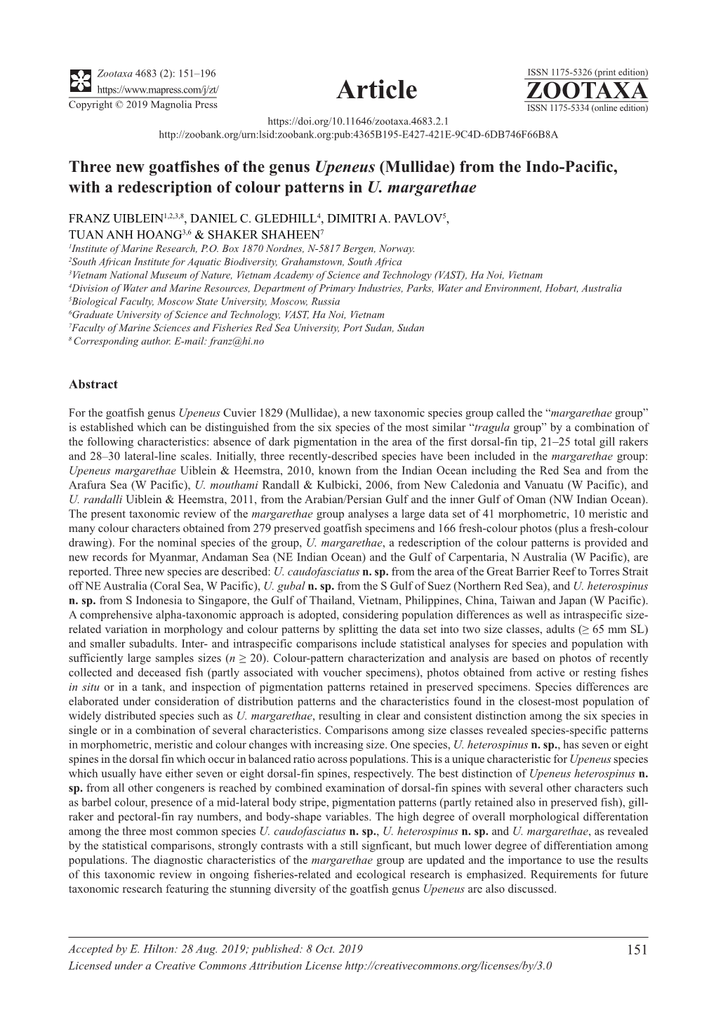 Three New Goatfishes of the Genus Upeneus (Mullidae) from the Indo-Pacific, with a Redescription of Colour Patterns in U