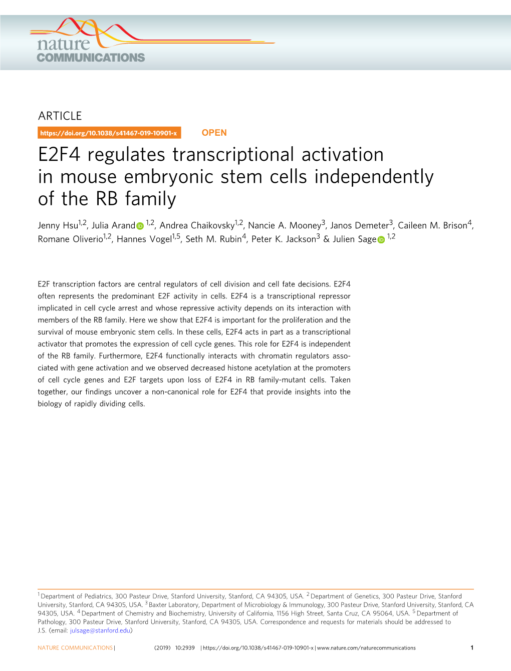 E2F4 Regulates Transcriptional Activation in Mouse Embryonic Stem Cells Independently of the RB Family