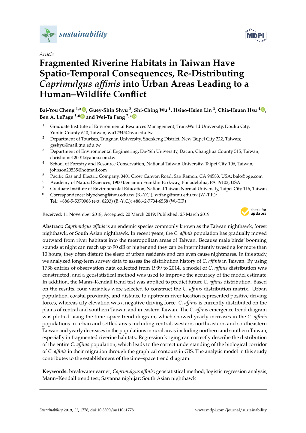 Fragmented Riverine Habitats in Taiwan Have Spatio-Temporal Consequences, Re-Distributing Caprimulgus Afﬁnis Into Urban Areas Leading to a Human–Wildlife Conﬂict