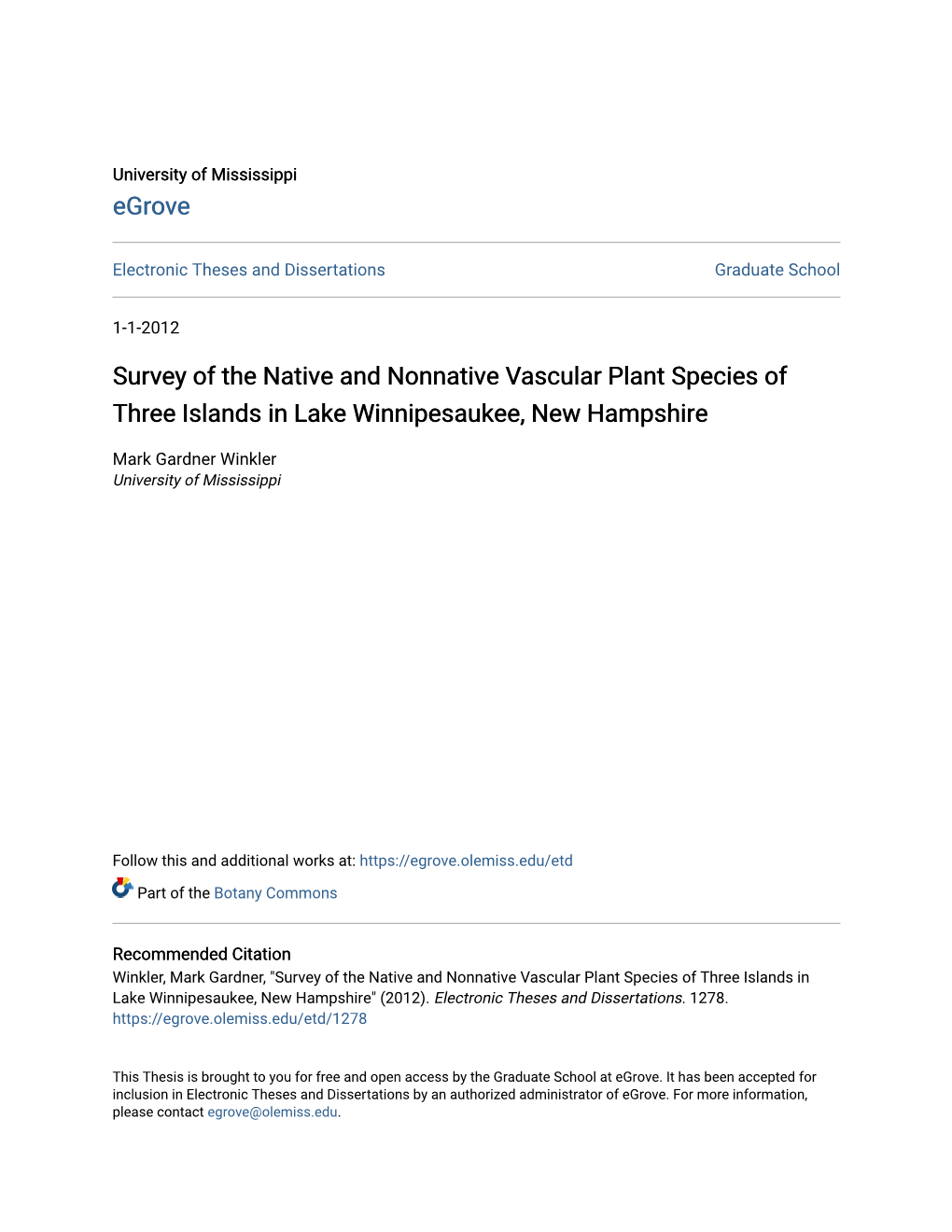 Survey of the Native and Nonnative Vascular Plant Species of Three Islands in Lake Winnipesaukee, New Hampshire