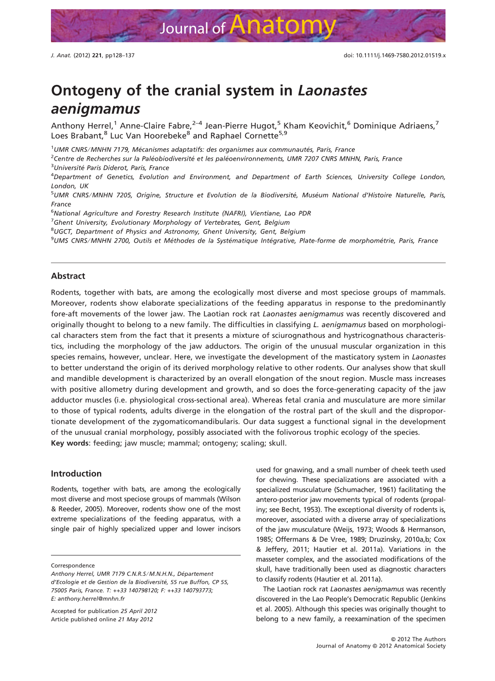 Ontogeny of the Cranial System in Laonastes Aenigmamus