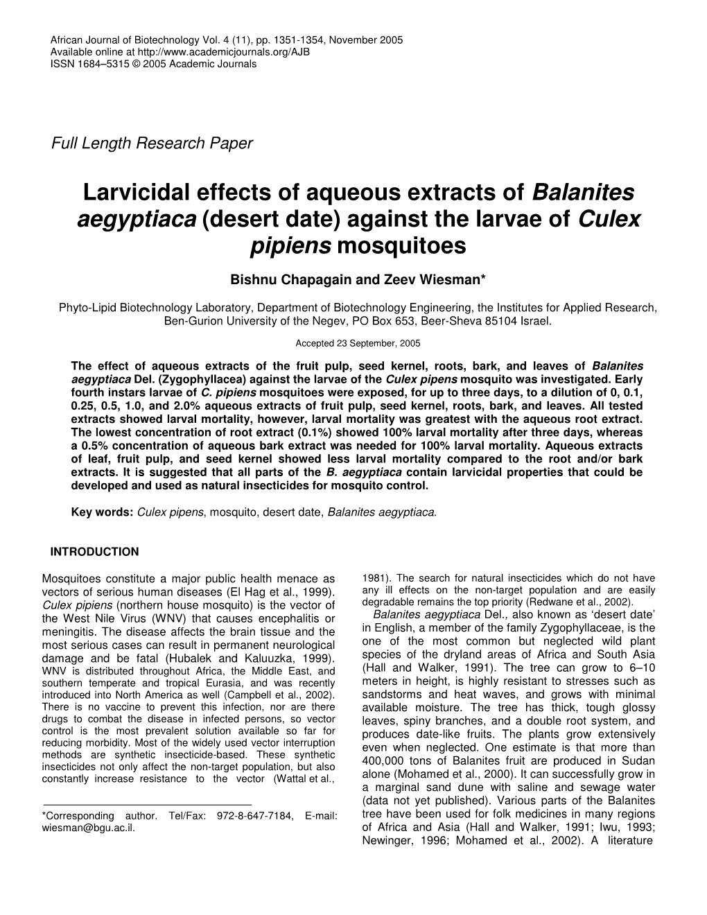 Larvicidal Effects of Aqueous Extracts of Balanites Aegyptiaca (Desert Date) Against the Larvae of Culex Pipiens Mosquitoes