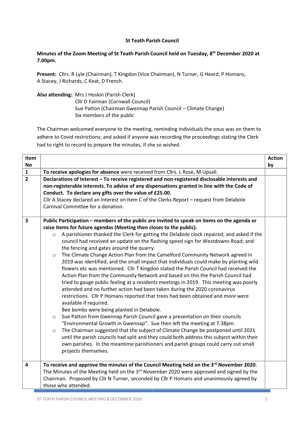 St Teath Parish Council Minutes of the Zoom Meeting of St Teath Parish Council Held on Tuesday, 8Th December 2020 at 7.00Pm