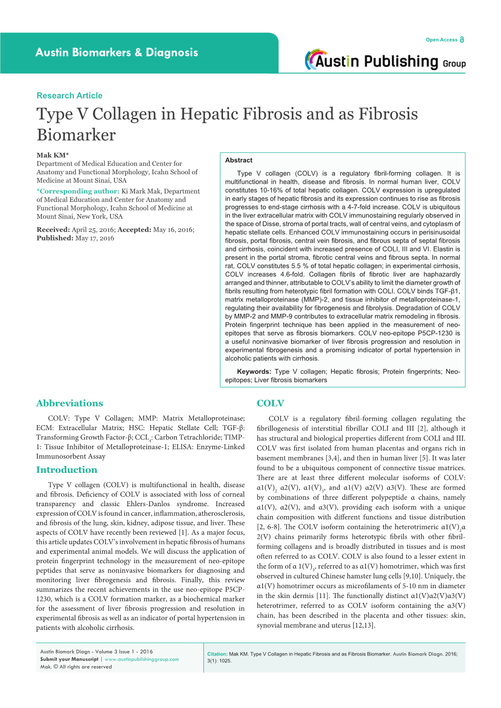 Type V Collagen in Hepatic Fibrosis and As Fibrosis Biomarker