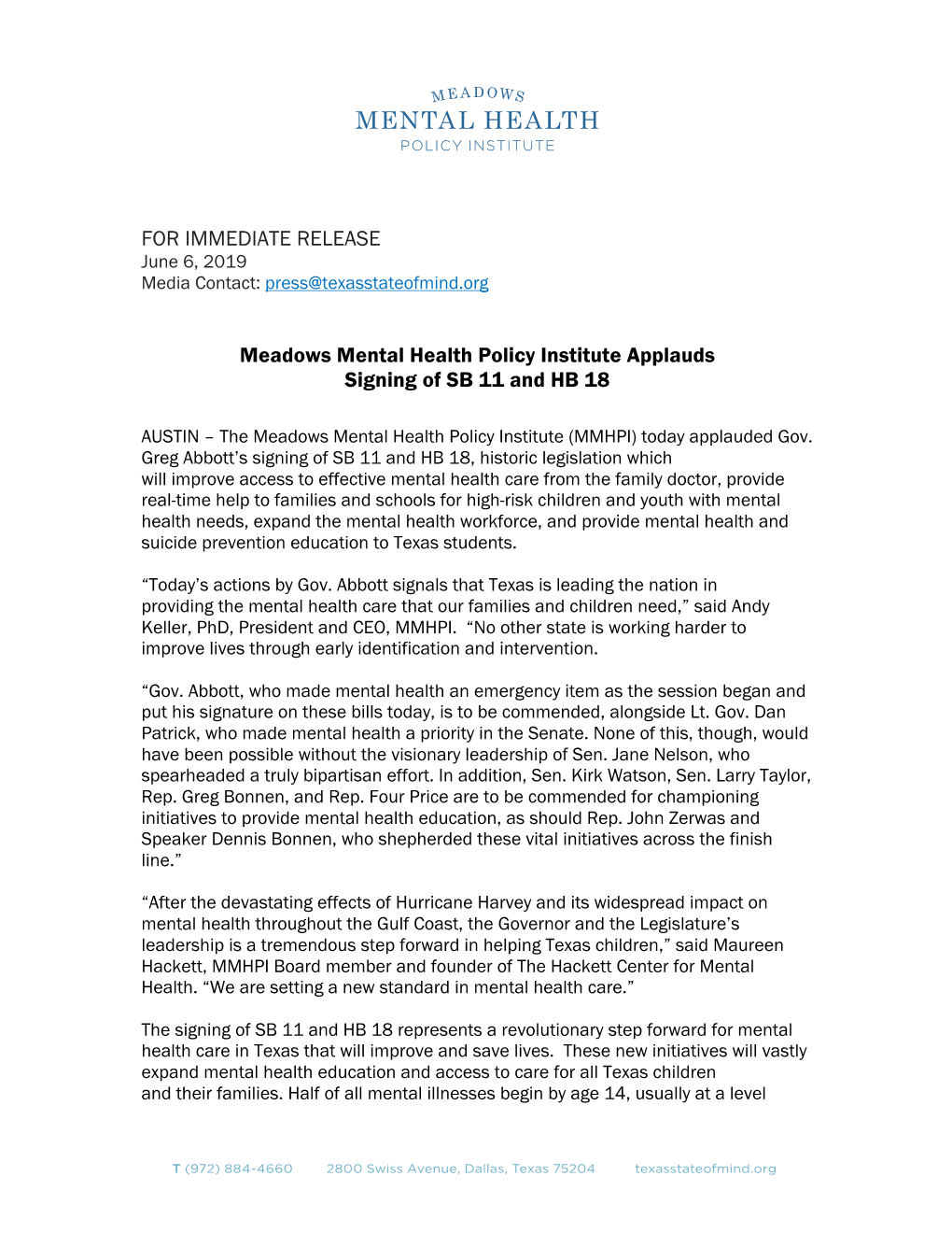 FOR IMMEDIATE RELEASE Meadows Mental Health Policy Institute