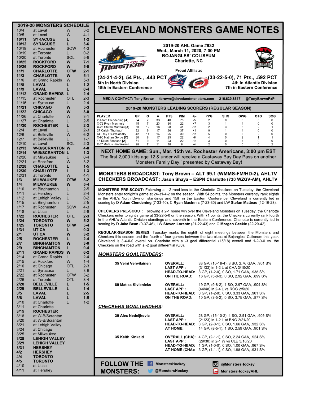 Cleveland Monsters Game Notes