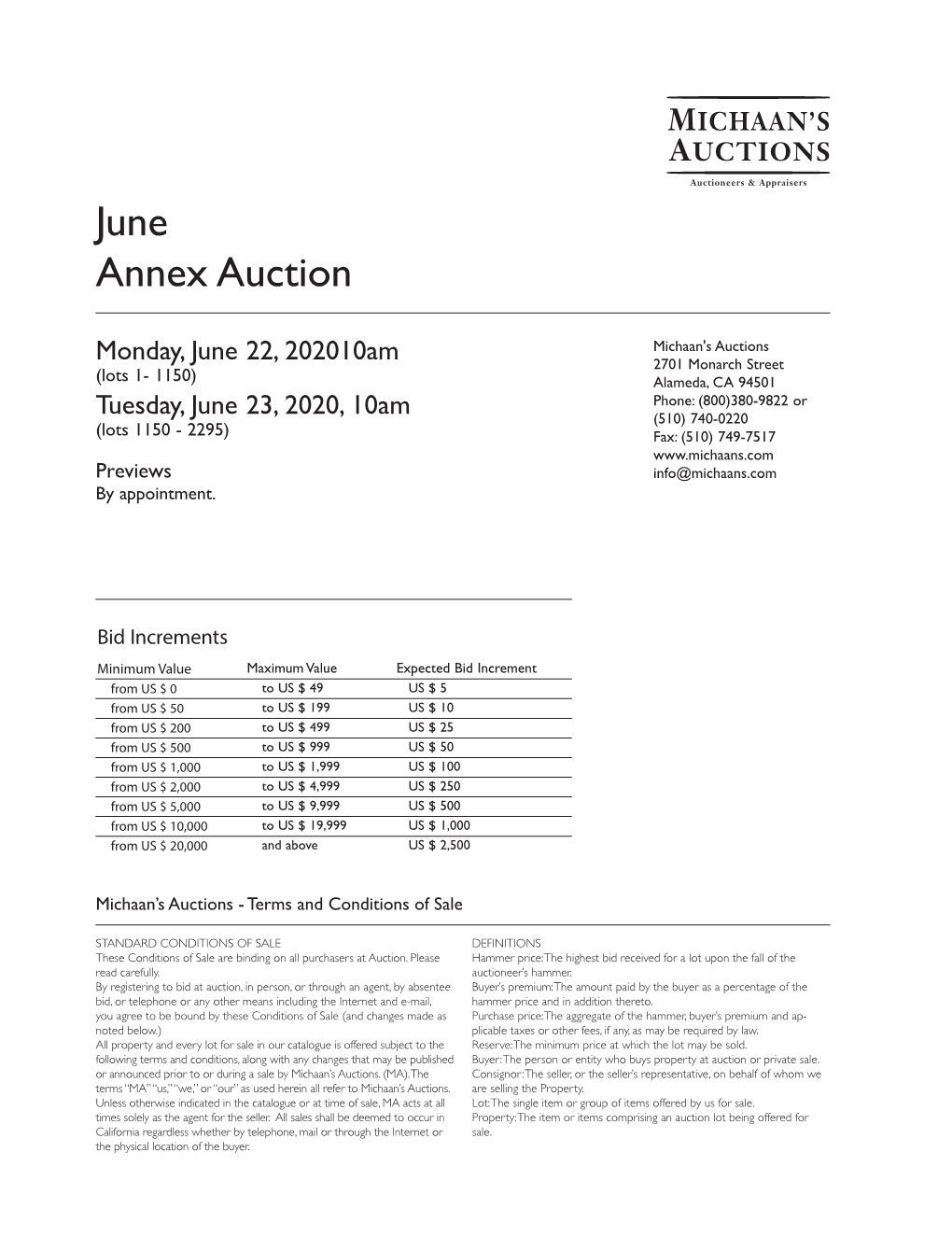 Catalog for June 22, 2020 June Annex Auction