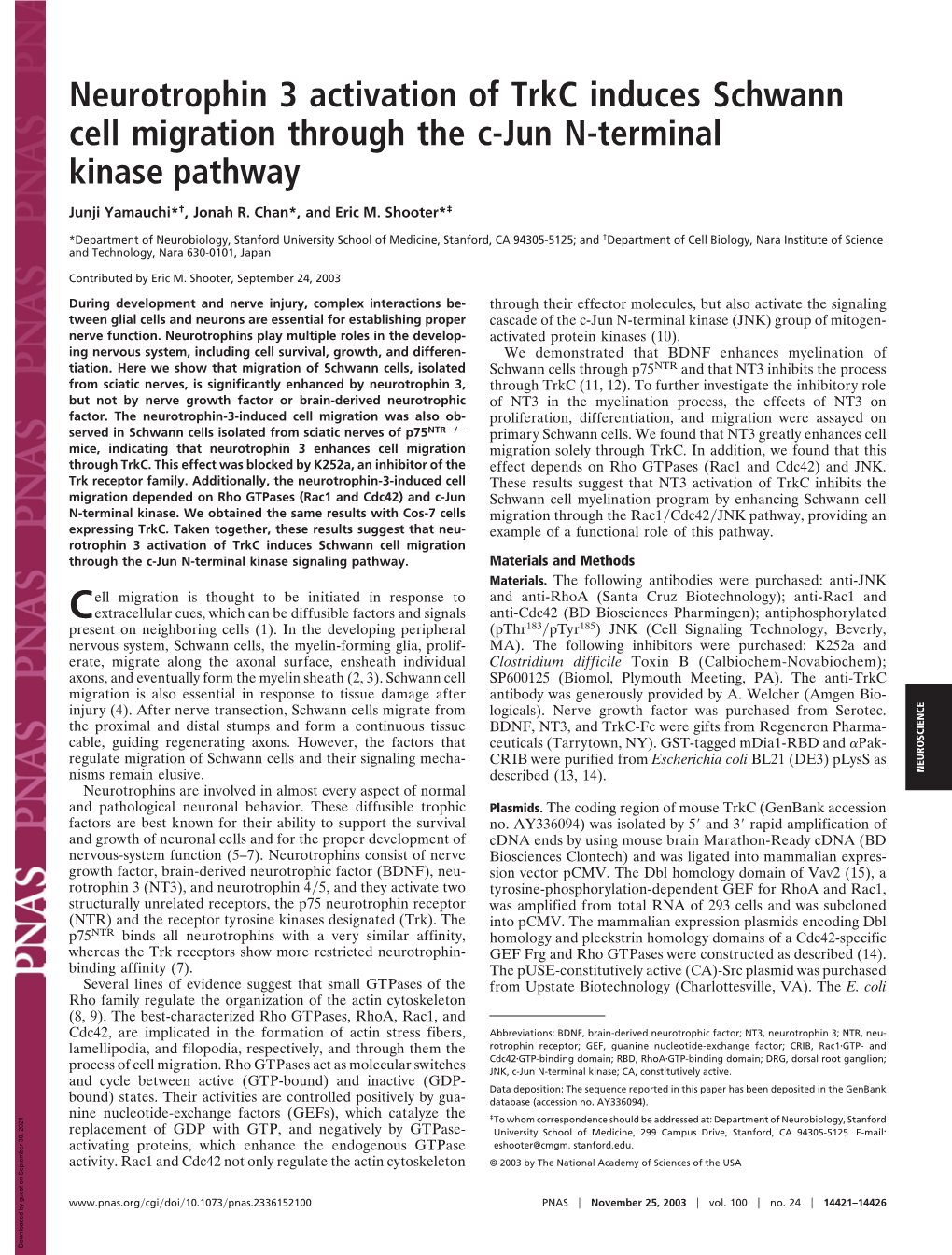 Neurotrophin 3 Activation of Trkc Induces Schwann Cell Migration Through the C-Jun N-Terminal Kinase Pathway