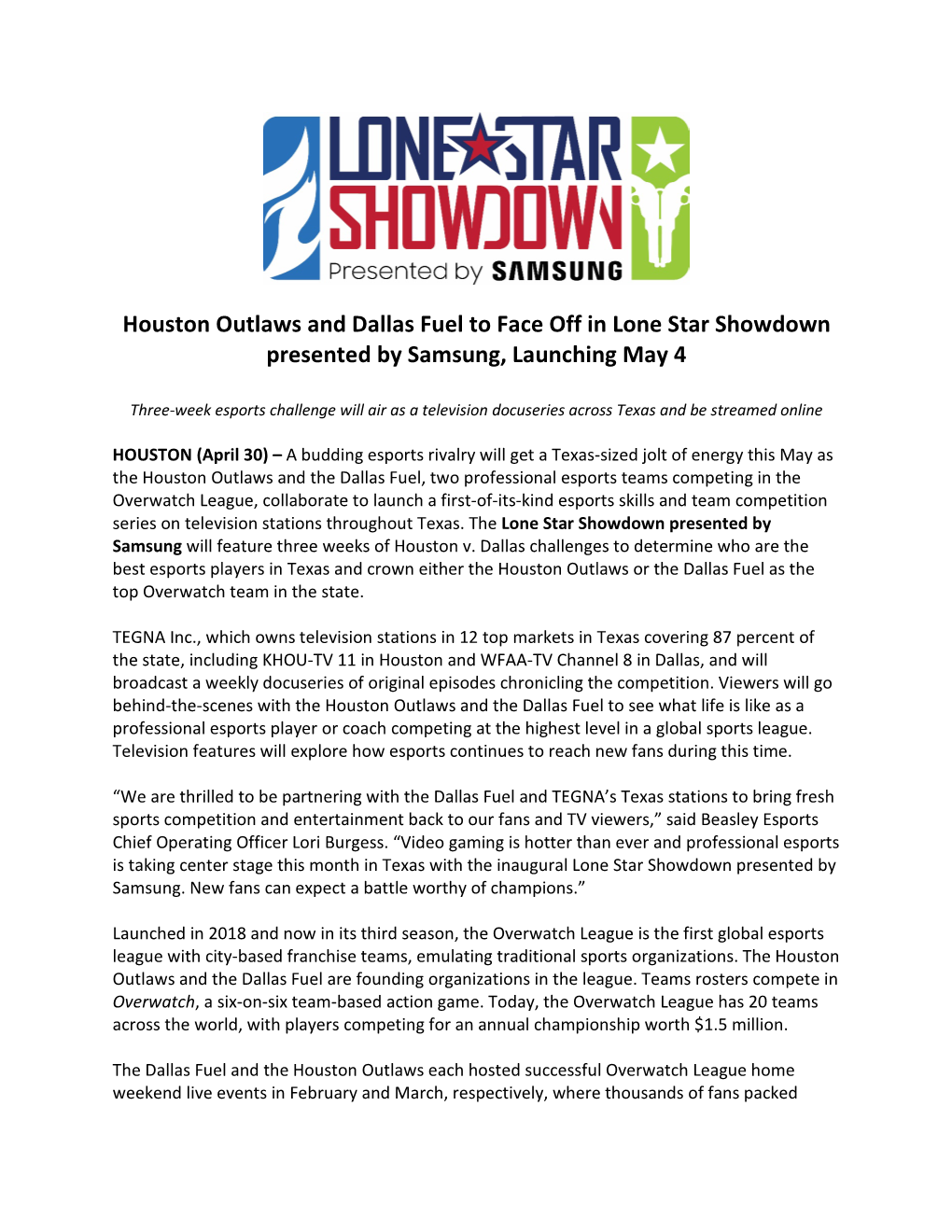 Houston Outlaws and Dallas Fuel to Face Off in Lone Star Showdown Presented by Samsung, Launching May 4