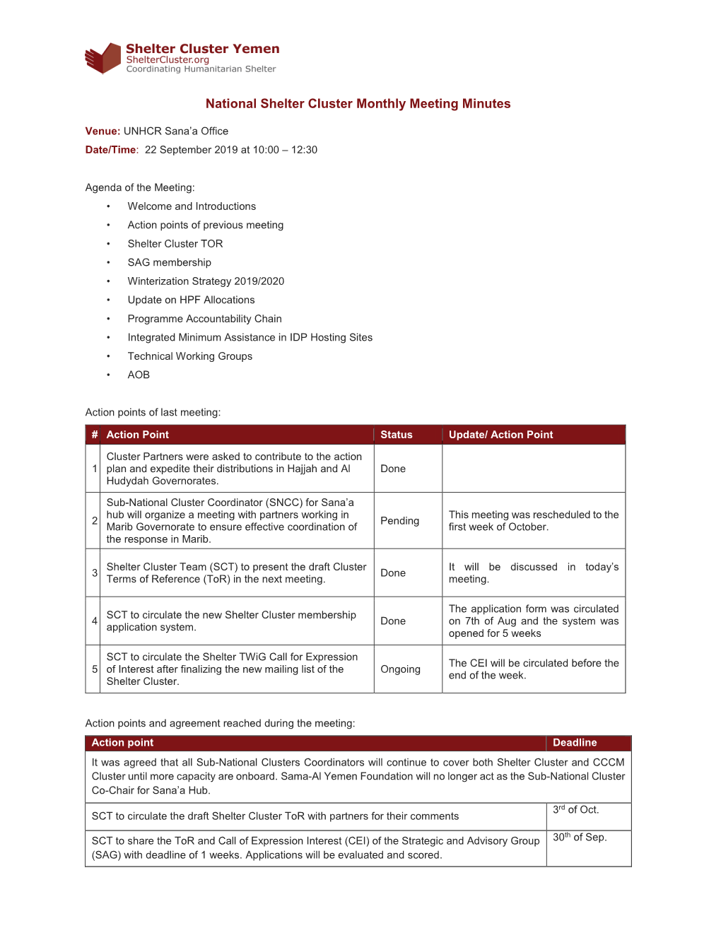 National Shelter Cluster Monthly Meeting Minutes