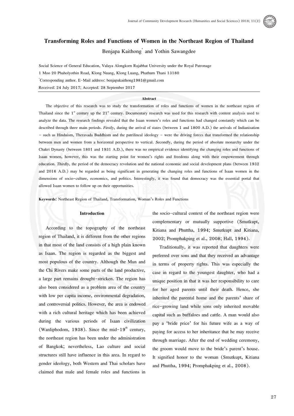 Transforming Roles and Functions of Women in the Northeast Region of Thailand Driel, J