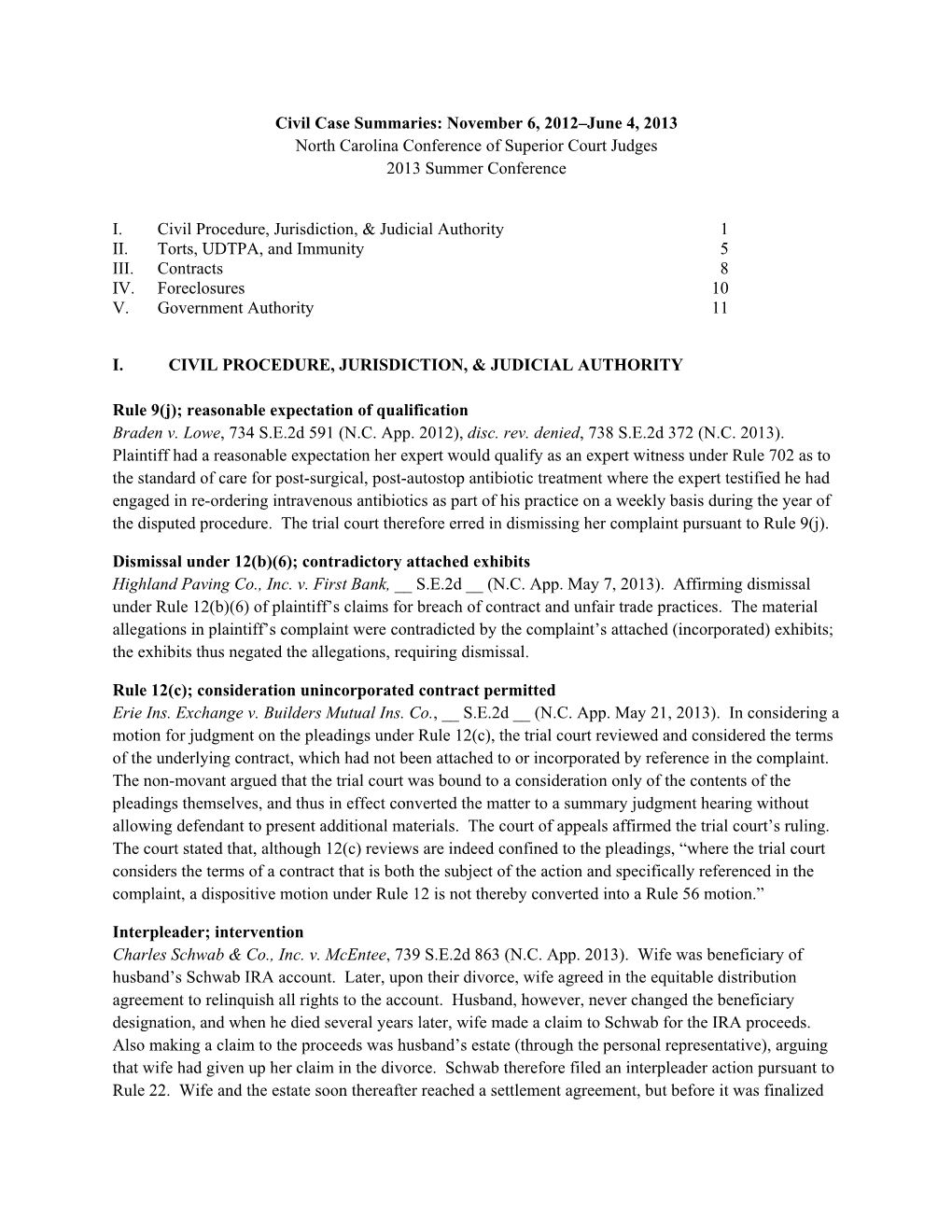 Civil Case Summaries: November 6, 2012–June 4, 2013 North Carolina Conference of Superior Court Judges 2013 Summer Conference