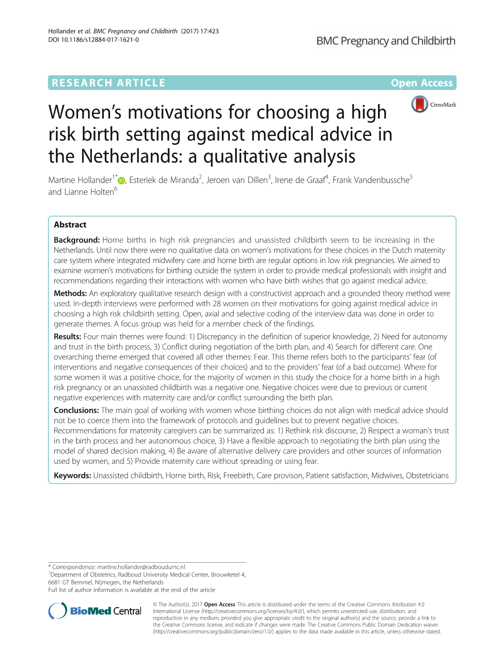 Women's Motivations for Choosing a High Risk Birth Setting Against
