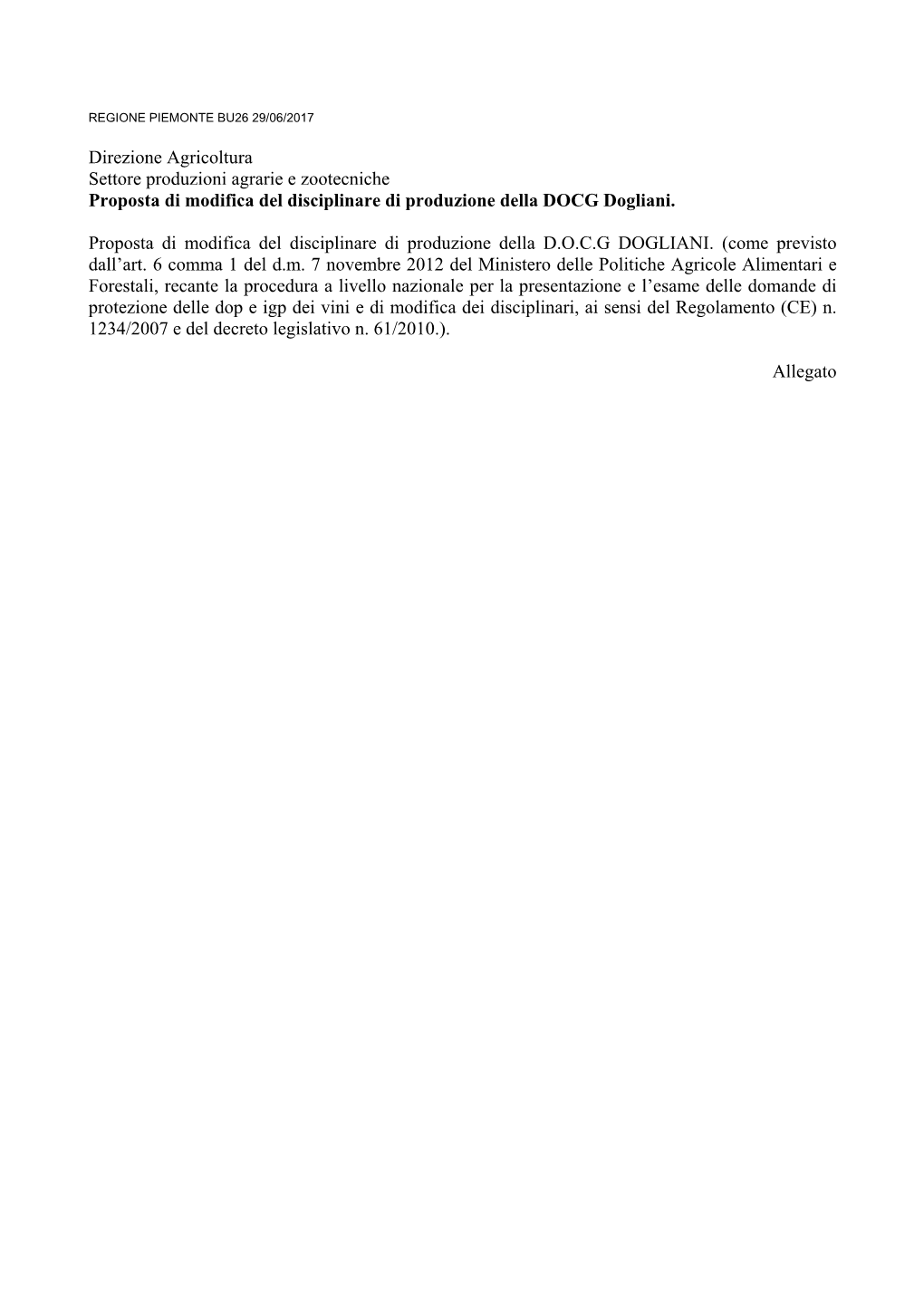 Direzione Agricoltura Settore Produzioni Agrarie E Zootecniche Proposta Di Modifica Del Disciplinare Di Produzione Della DOCG Dogliani