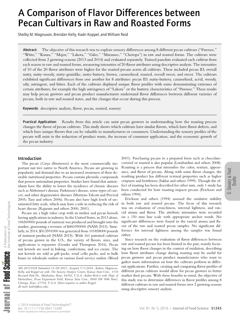 A Comparison of Flavor Differences Between Pecan Cultivars in Raw and Roasted Forms