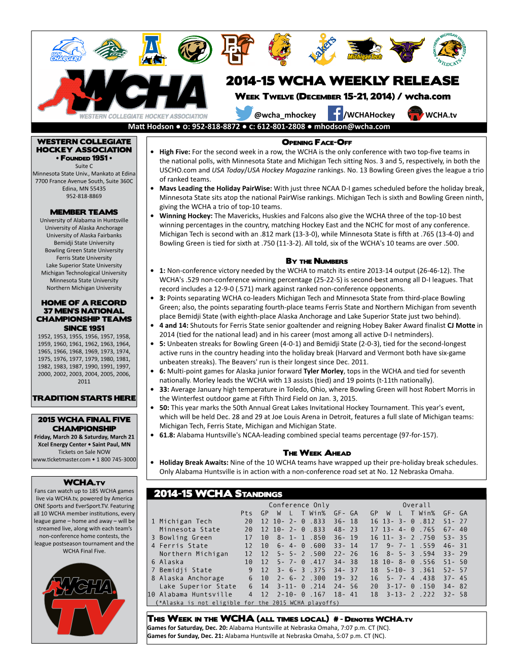 2014-15 WCHA WEEKLY RELEASE Week Twelve (December 15-21, 2014) / Wcha.Com