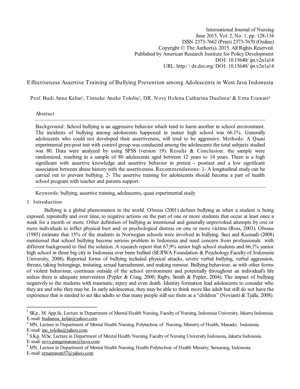 Effectiveness Assertive Training of Bullying Prevention Among Adolescents in West Java Indonesia