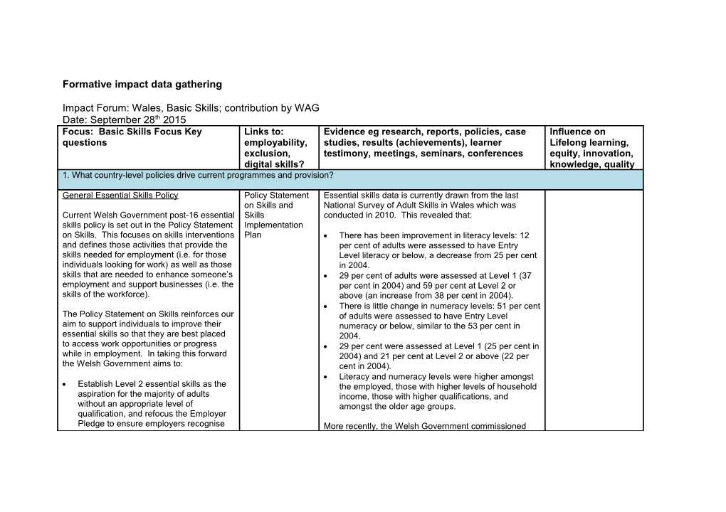 Impact Forum: Wales, Basic Skills; Contribution by WAG