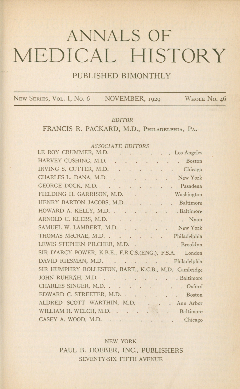 Annals of Medical History Published Bimonthly