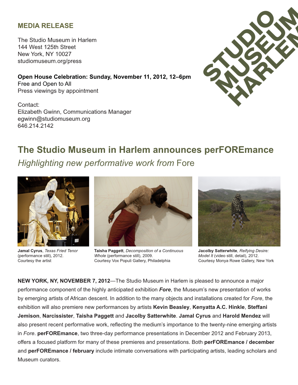 The Studio Museum in Harlem Announces Perforemance Highlighting New Performative Work from Fore