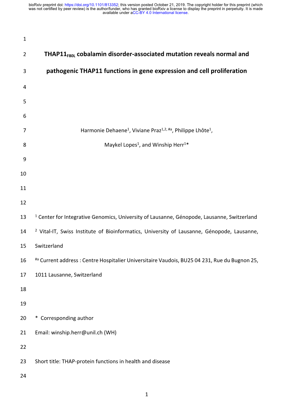 THAP11F80L Cobalamin Disorder-Associated Mutation Reveals Normal And