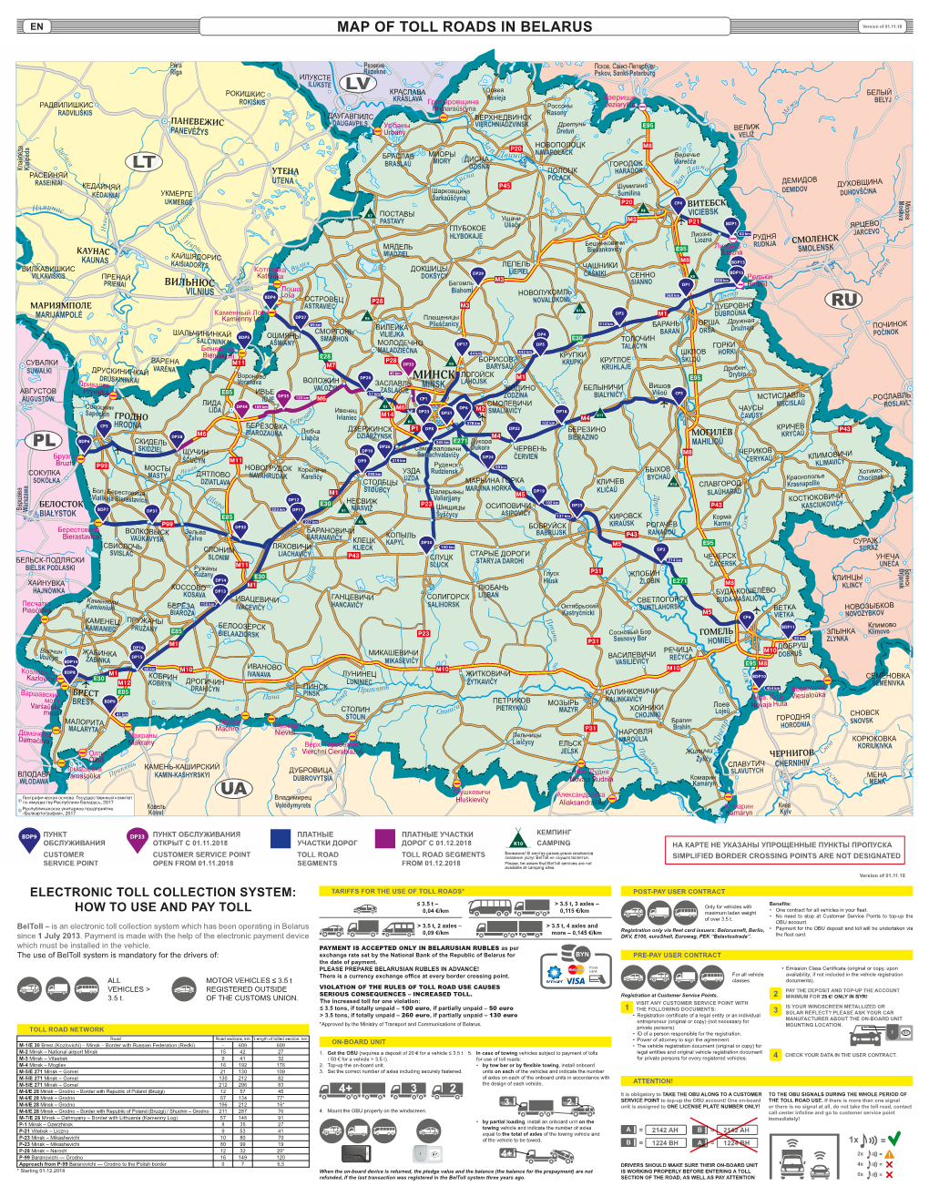 MAP of TOLL ROADS in BELARUS Version of 01.11.18