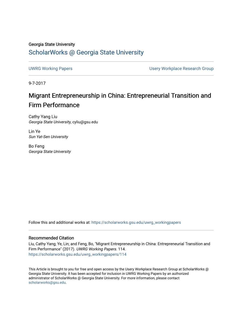 Migrant Entrepreneurship in China: Entrepreneurial Transition and Firm Performance