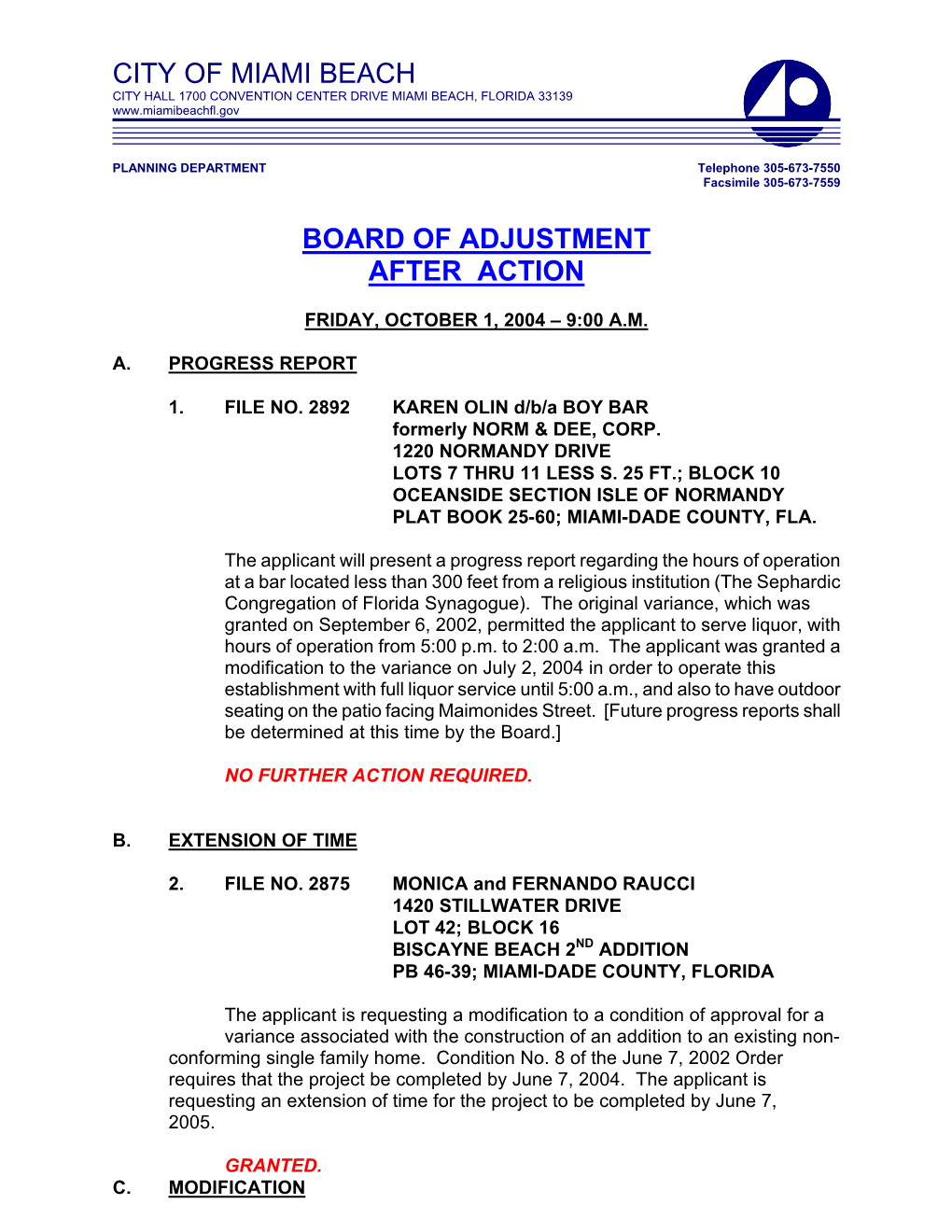 City of Miami Beach Board of Adjustment After Action