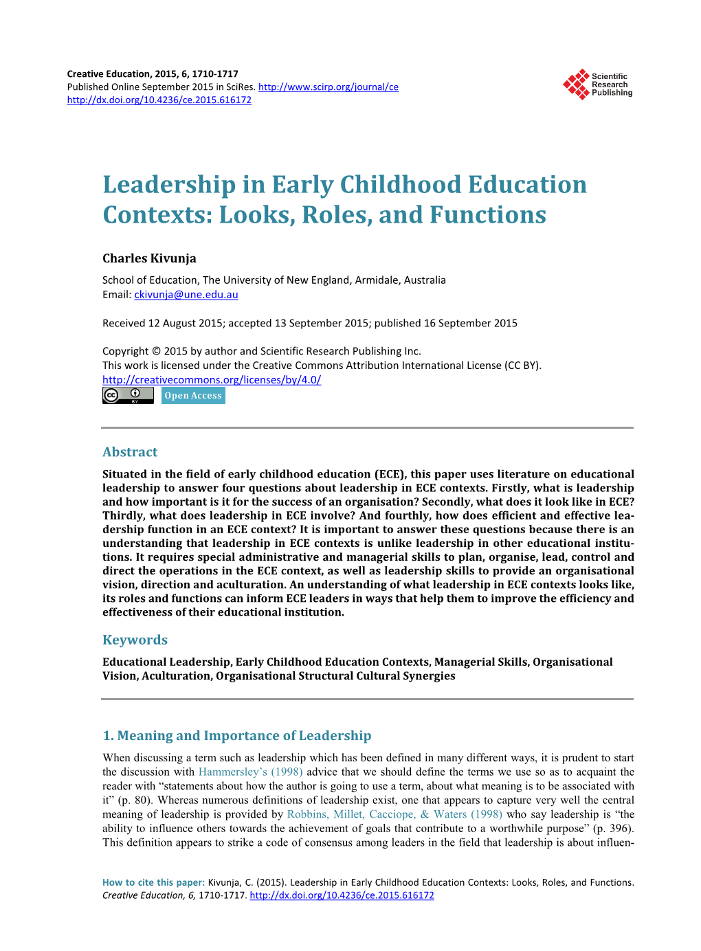 Leadership in Early Childhood Education Contexts: Looks, Roles, and Functions