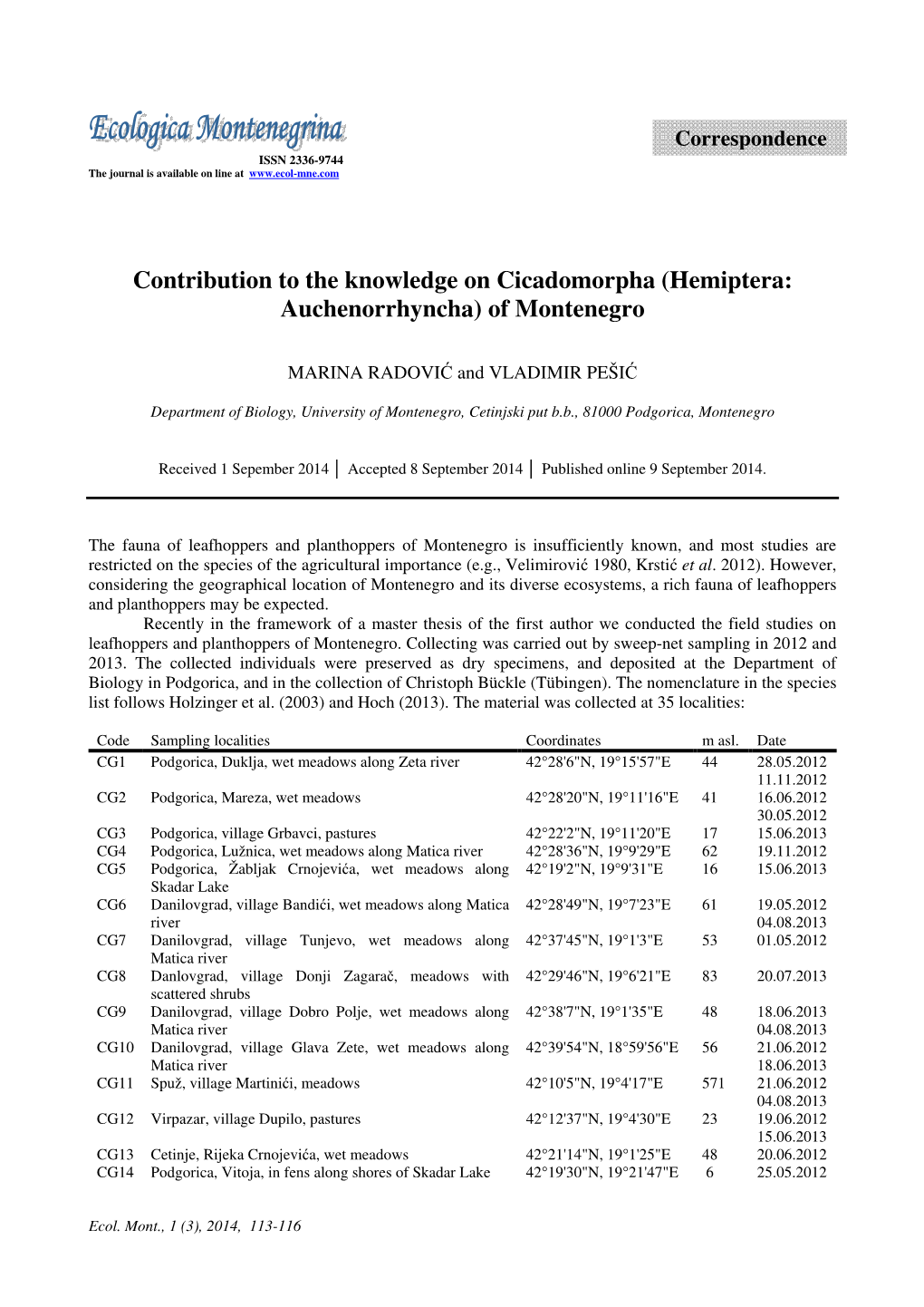 Contribution to the Knowledge on Cicadomorpha (Hemiptera: Auchenorrhyncha) of Montenegro
