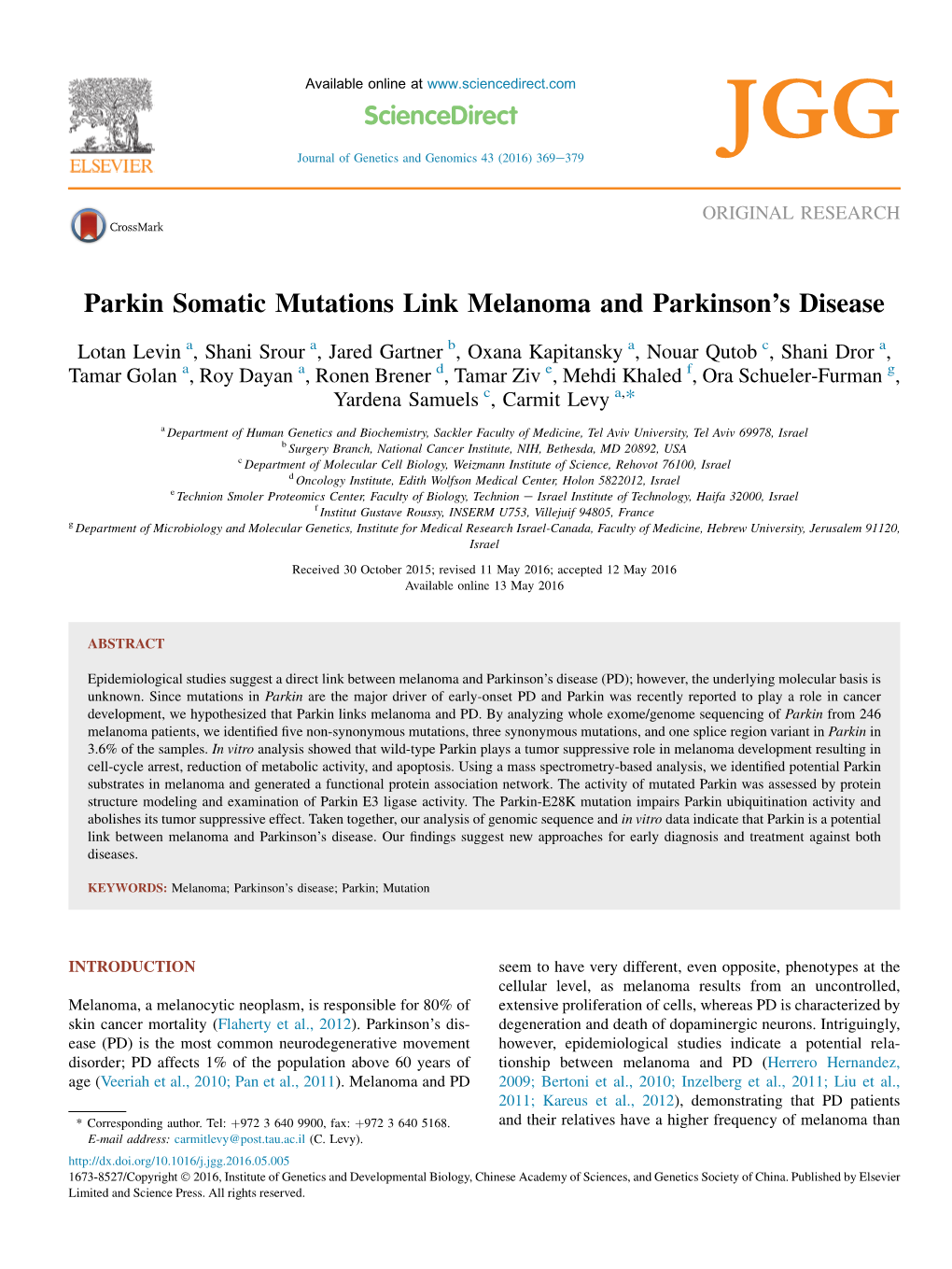 Parkin Somatic Mutations Link Melanoma and Parkinson's Disease