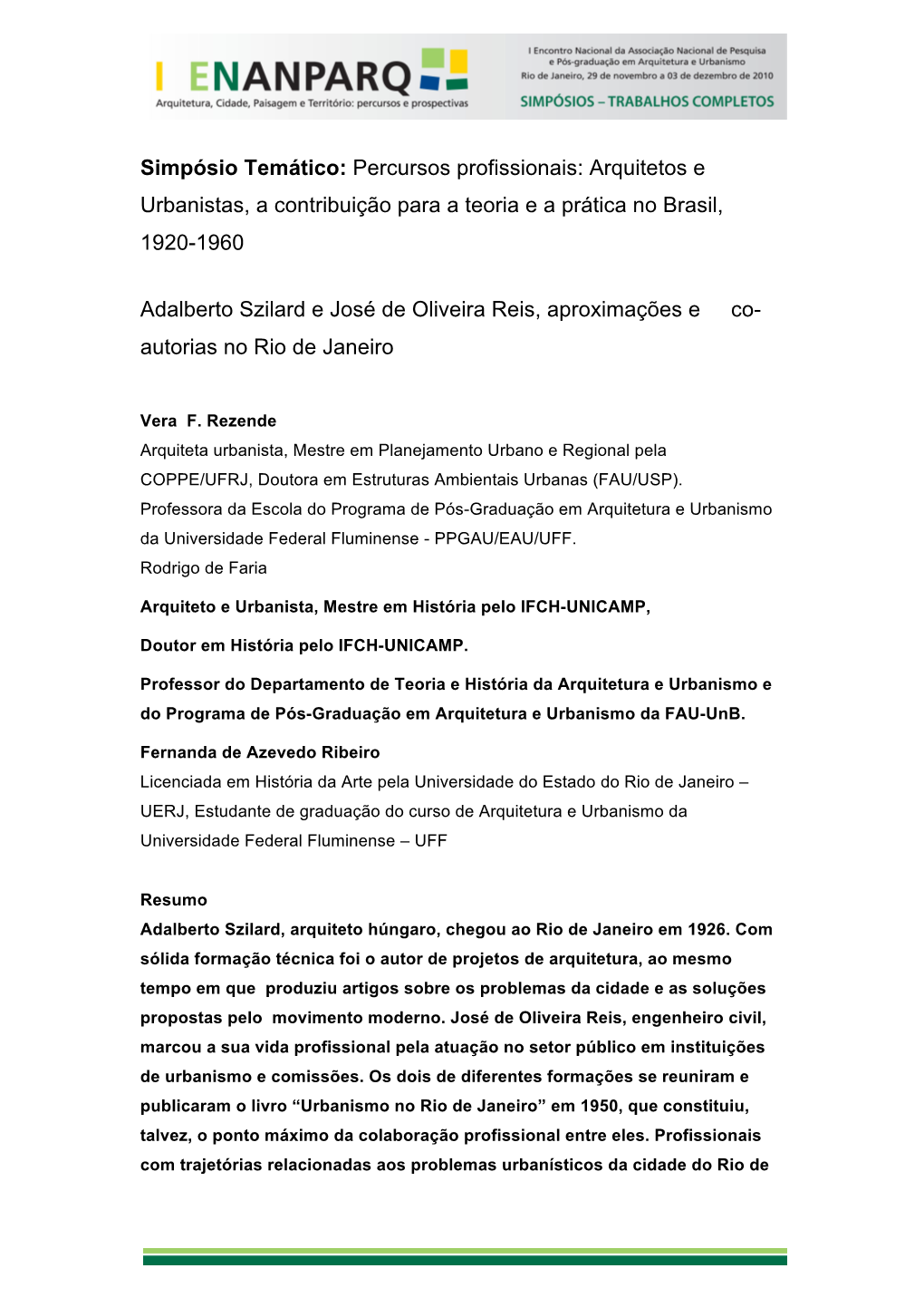 Percursos Profissionais: Arquitetos E Urbanistas, a Contribuição Para a Teoria E a Prática No Brasil, 1920-1960