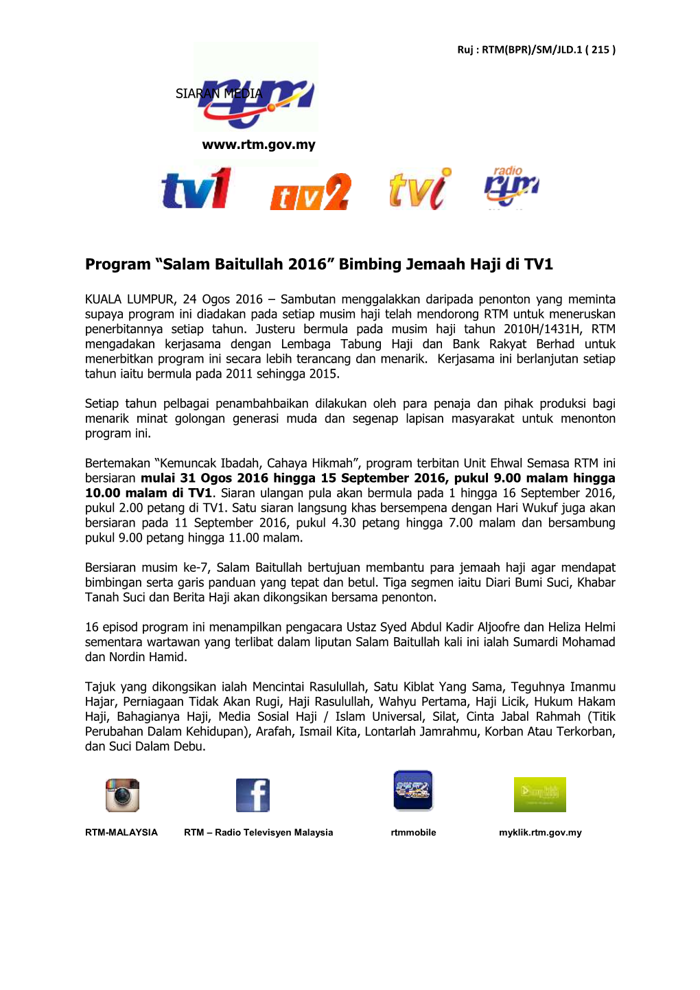 Program “Salam Baitullah 2016” Bimbing Jemaah Haji Di TV1