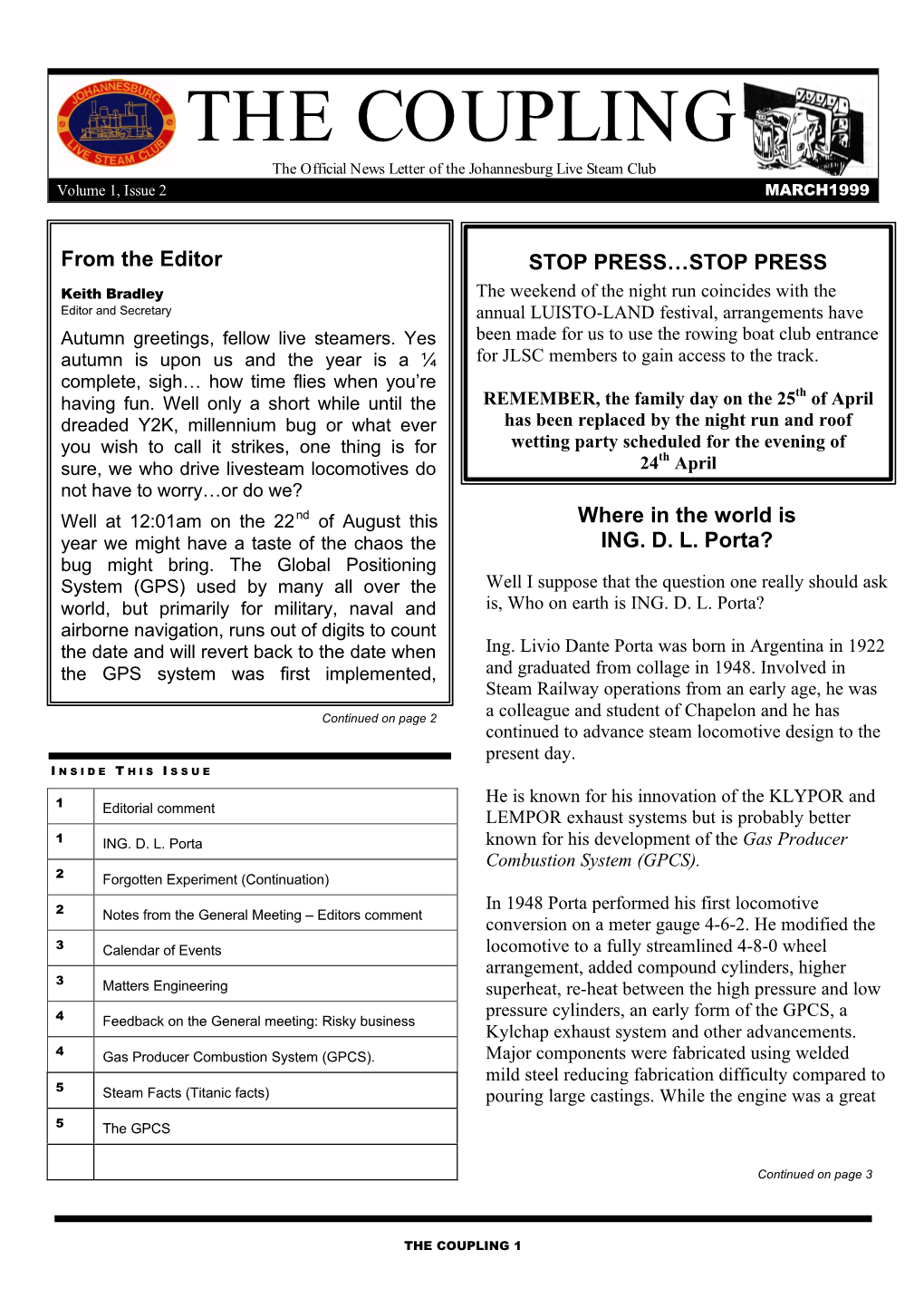 THE COUPLING the Official News Letter of the Johannesburg Live Steam Club Volume 1, Issue 2 MARCH1999