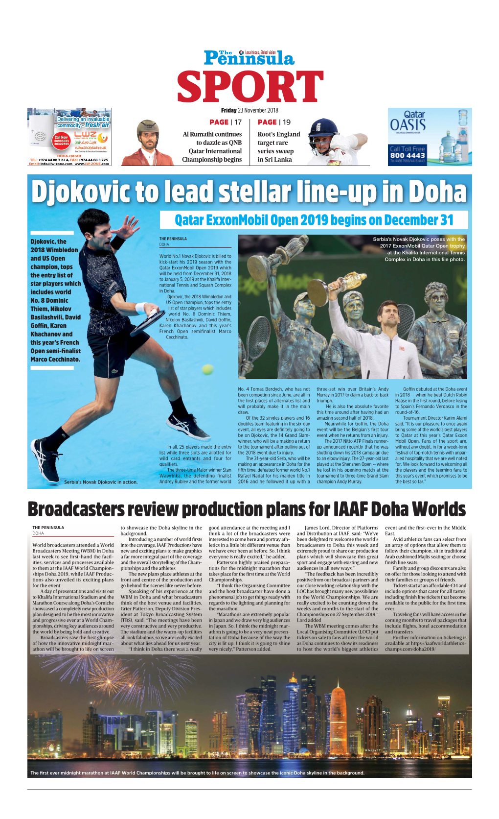 Djokovic to Lead Stellar Line-Up in Doha Qatar Exxonmobil Open 2019 Begins on December 31
