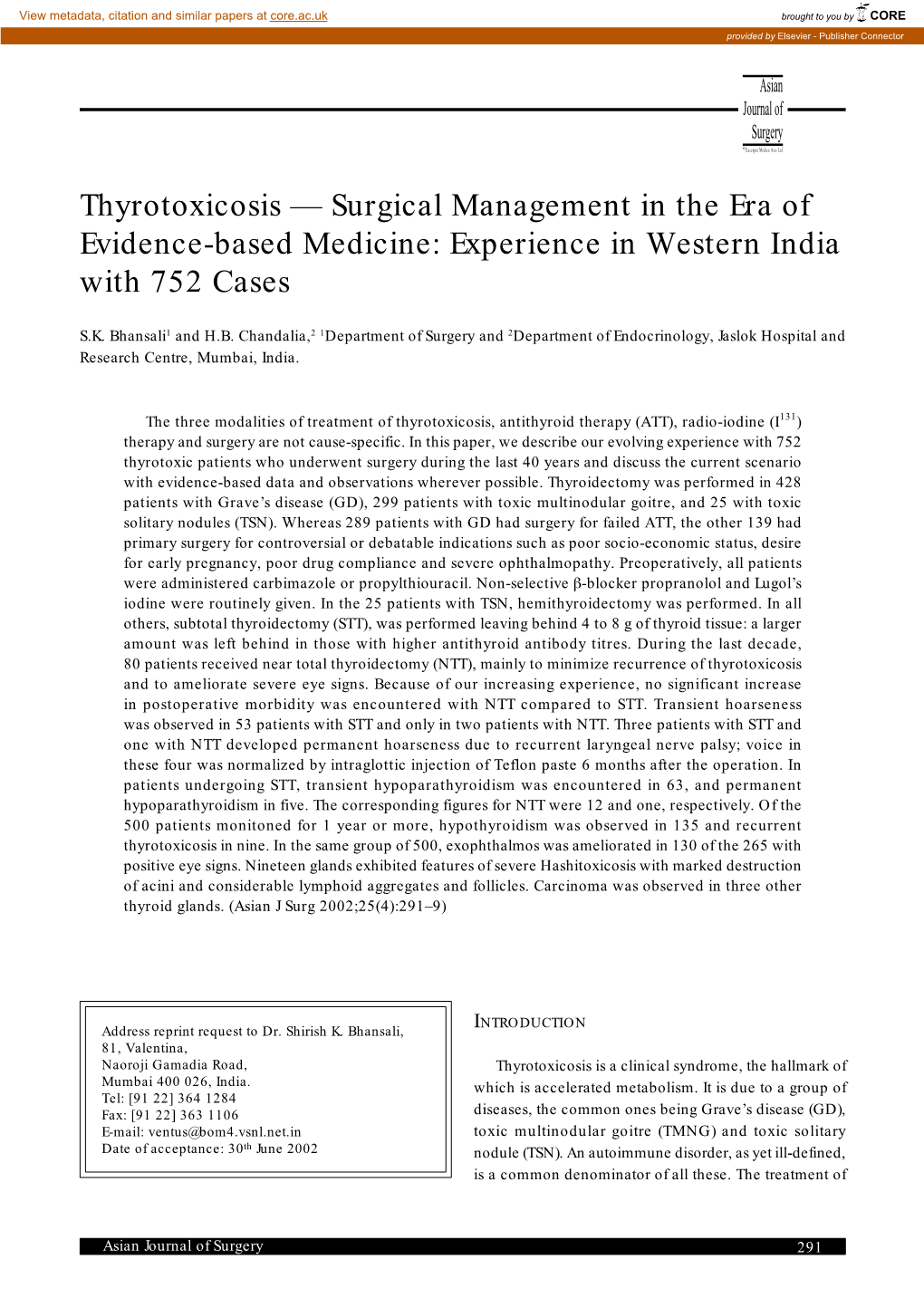 Thyrotoxicosis Â€” Surgical Management in the Era of Evidence