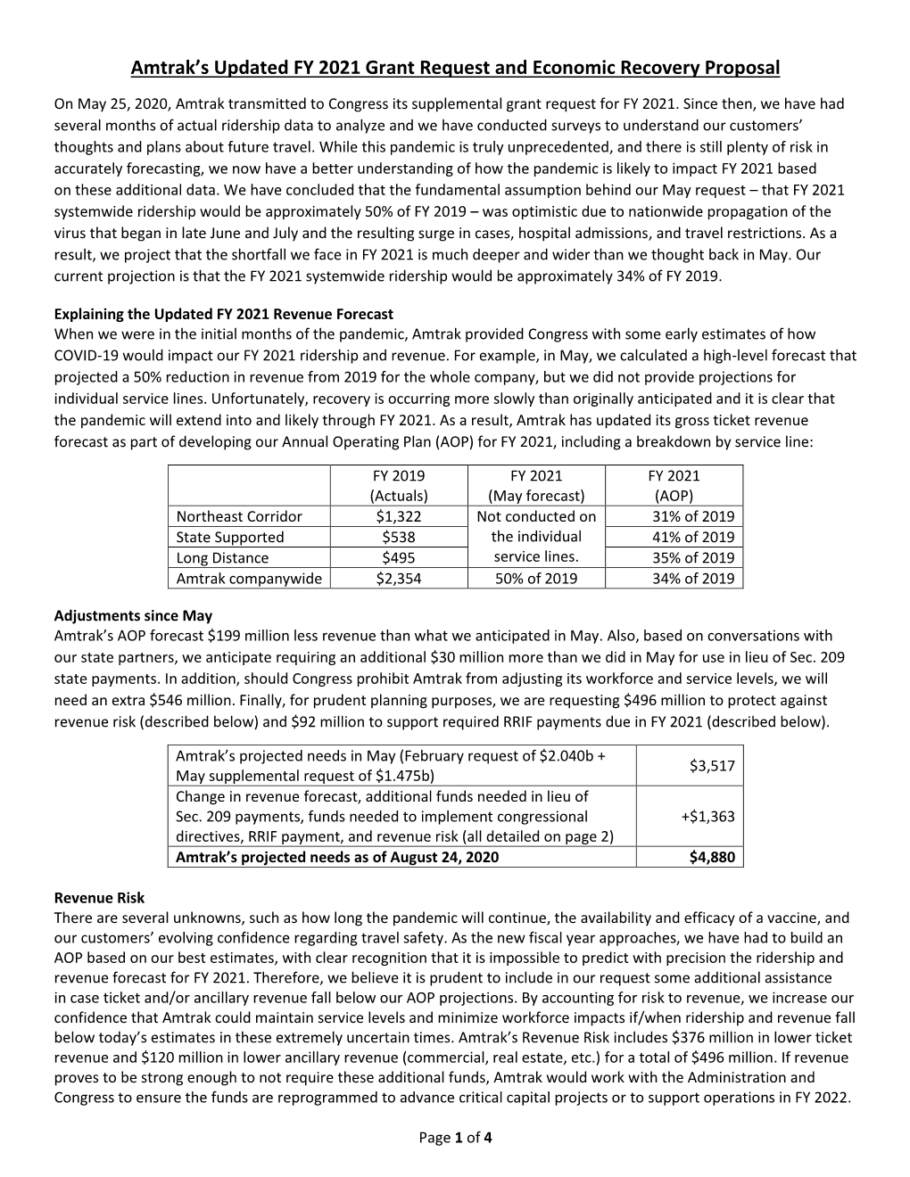 Amtrak's Updated FY 2021 Grant Request and Economic Recovery