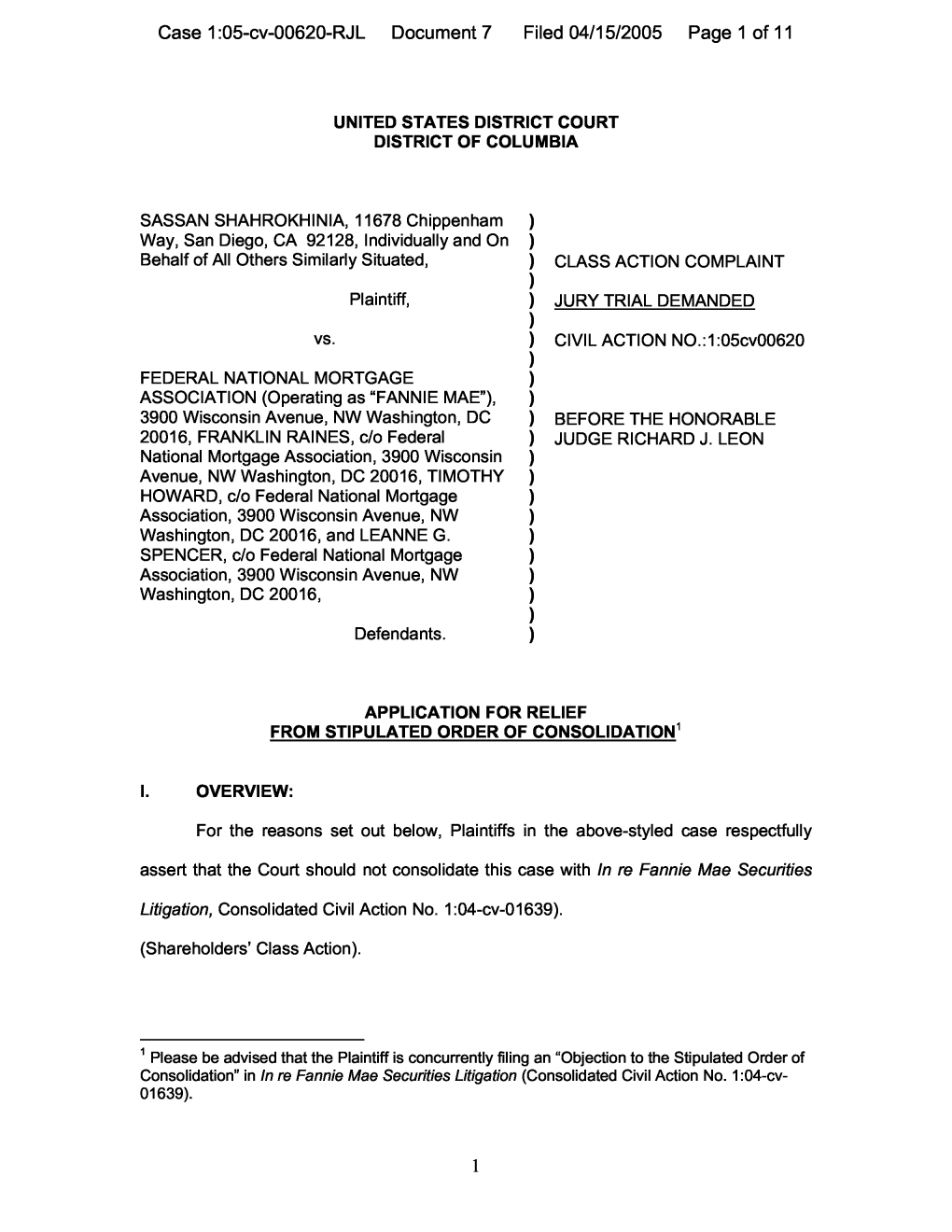 Sassan Shahrokhinia, Et Al. V. Federal National Mortgage Association