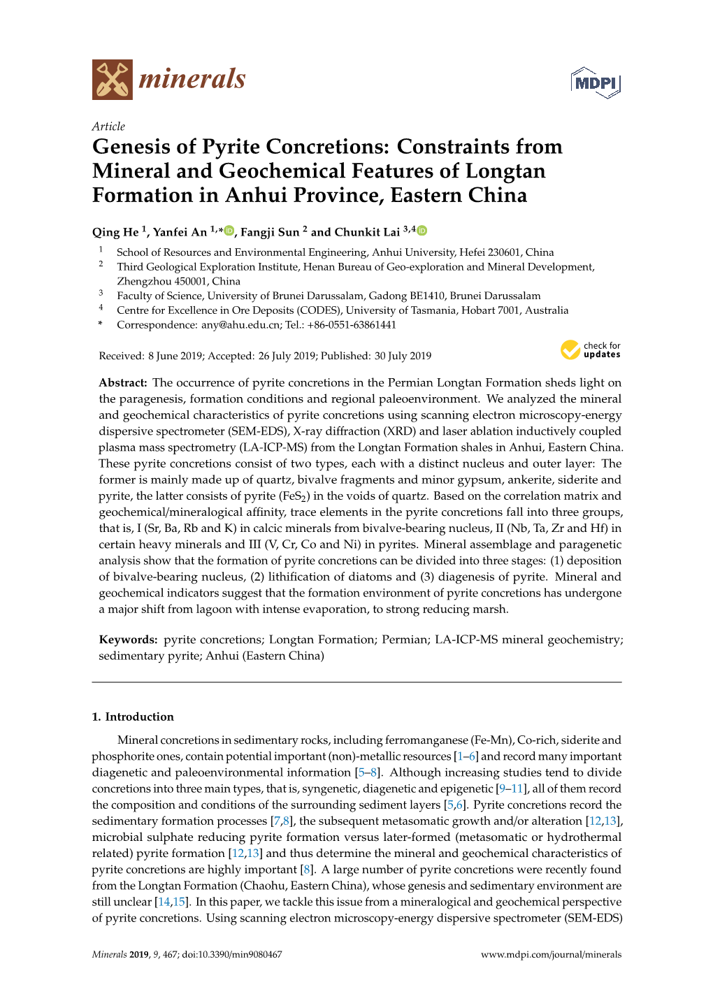 Genesis of Pyrite Concretions: Constraints from Mineral and Geochemical Features of Longtan Formation in Anhui Province, Eastern China