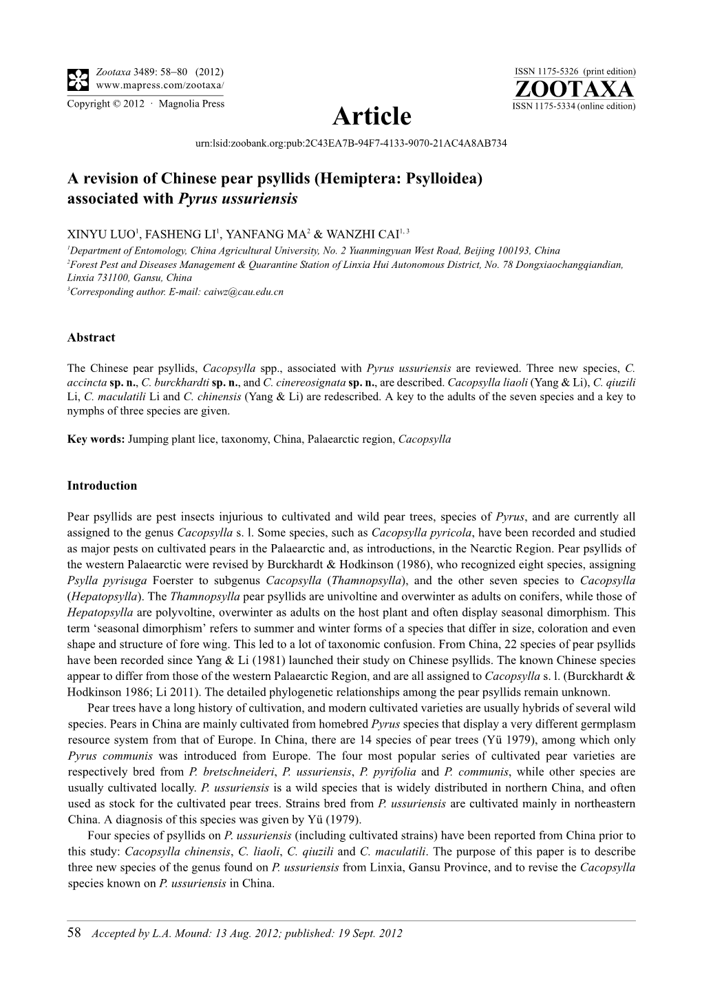 A Revision of Chinese Pear Psyllids (Hemiptera: Psylloidea) Associated with Pyrus Ussuriensis