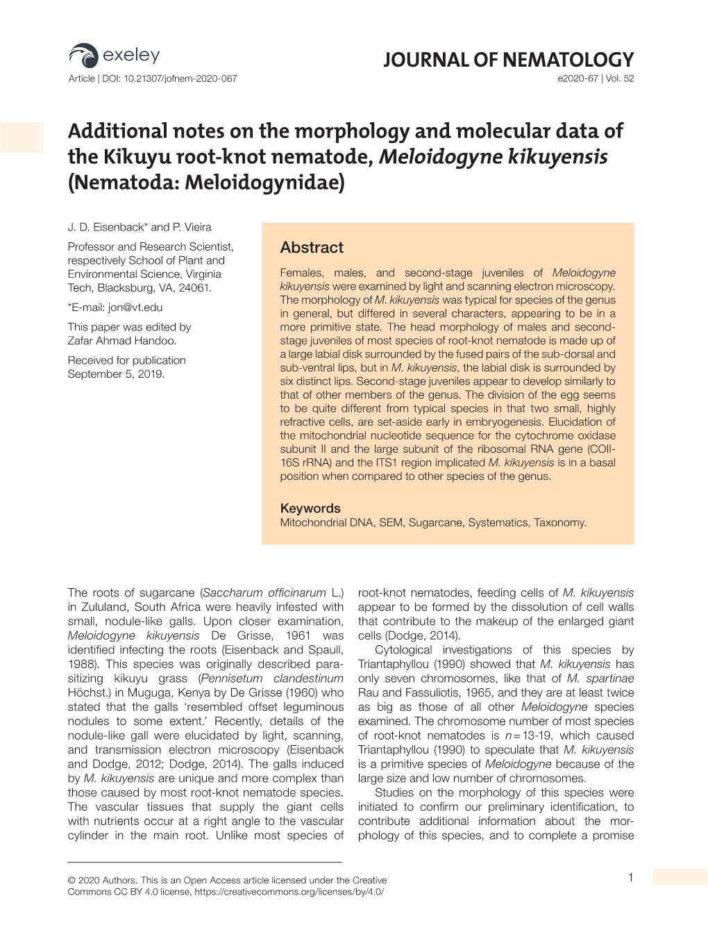 JOURNAL of NEMATOLOGY Article | DOI: 10.21307/Jofnem-2020-067 E2020-67 | Vol