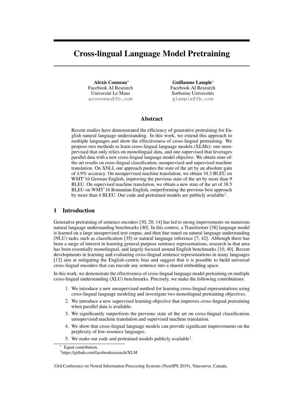 Cross-Lingual Language Model Pretraining